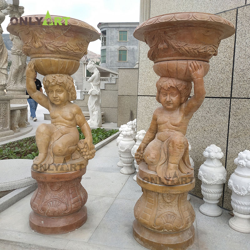 Backyard decoration large natural yellow marble flower vase with child statue for sale OLA-V006