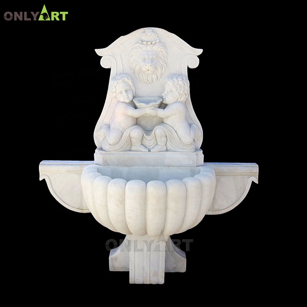 Classic white marble public water fountain with little boy sculpture OLA-F080