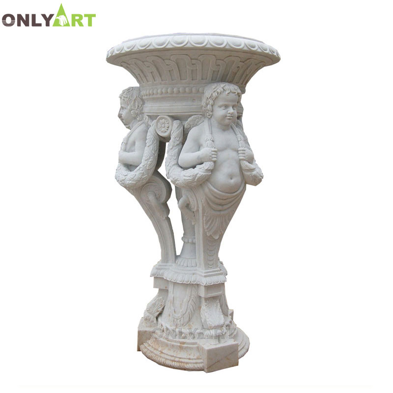Custom hand carved stone outdoor flower pot vase with angels OLA-V126