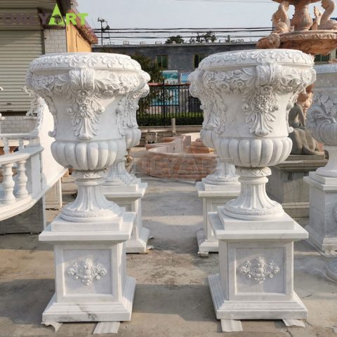 Customized roman style white natural stone flowerpot sculpture OLA-V110