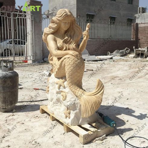 Egypt cream natural marble backyard decoration life size mermaid sitting rock statue
