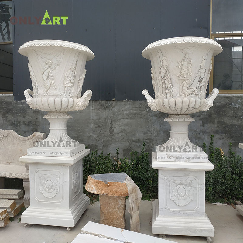Exquisite Engraved Large White Natural Marble Flower Planter With Figure Relief OLA-V003