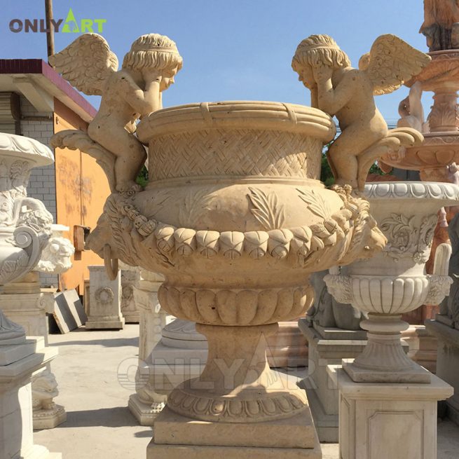 Garden Ornament Type Outdoor Yellow Travertine Marble Flower Pot From China OLA-V014