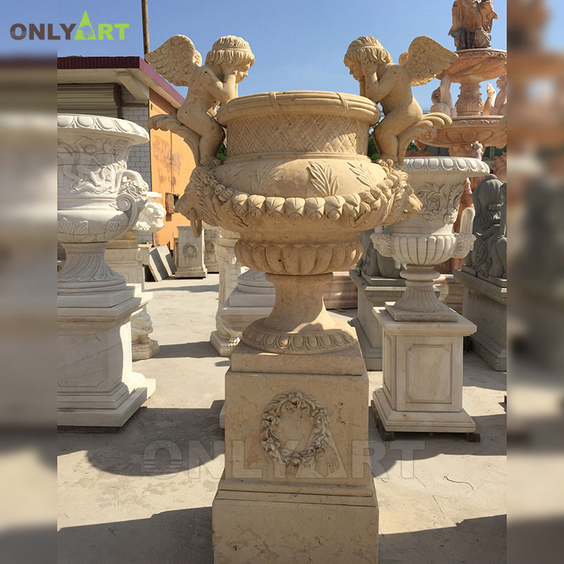 Garden Ornament Type Outdoor Yellow Travertine Marble Flower Pot With Angel OLA-V014