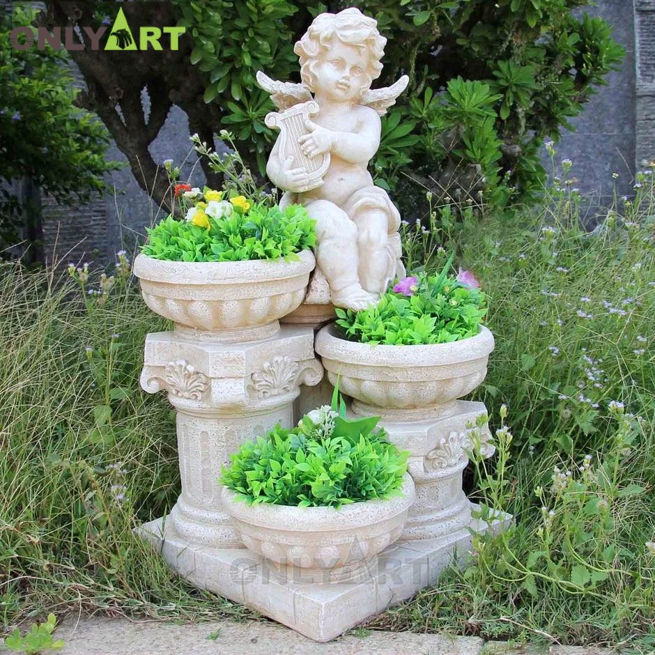 Garden white marble angel sculpture flower pot OLA-V124