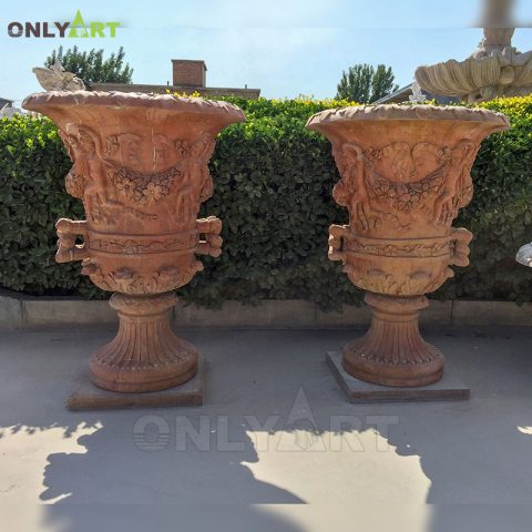 Large garden decoration hand carving natural marble stone flower pots OLA-V009