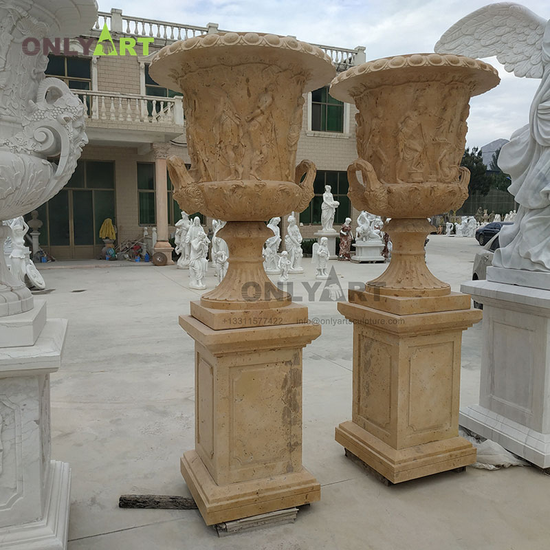 Large garden marble flower planter pots with base pairs sale OLA-V005
