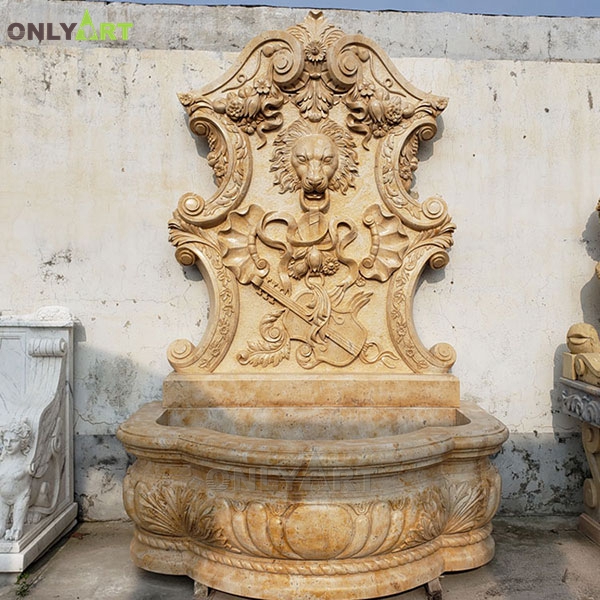 Large natural yellow stone lion head fountain wall art sculpture OLA-F081