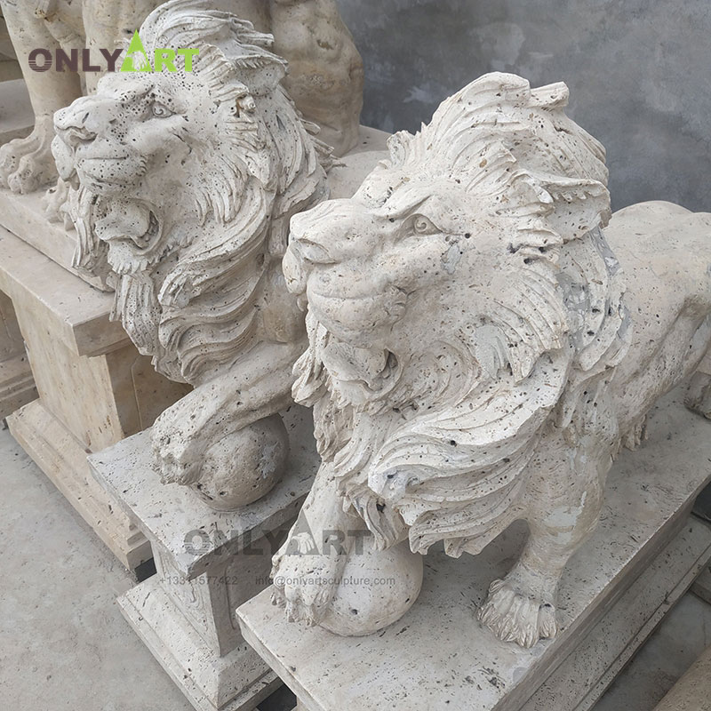 Large outdoor decoration natural marble howling lion pair sculpture