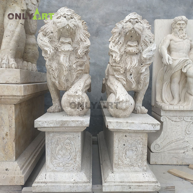 Large outdoor decoration natural marble howling lion pair sculpture