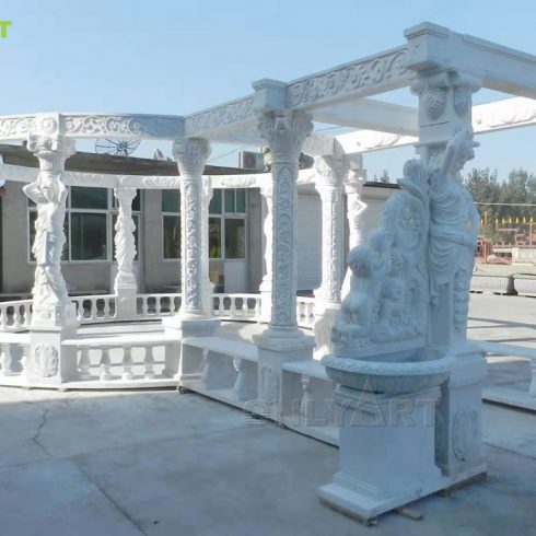 Large size Natural Marble Female Figure Statue Support Base stone Gazebo with Wind Roof