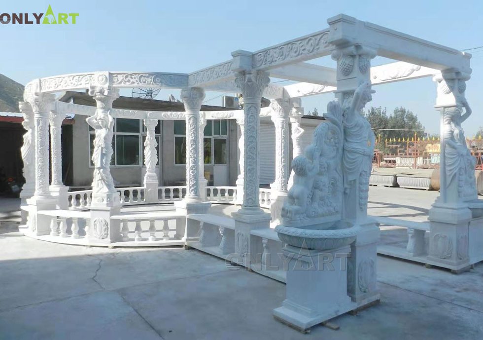 Large size Natural Marble Female Figure Statue Support Base stone Gazebo with Wind Roof