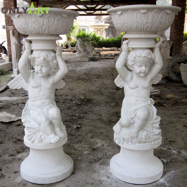 Life size natural stone flower pots with boys statue OLA-V122