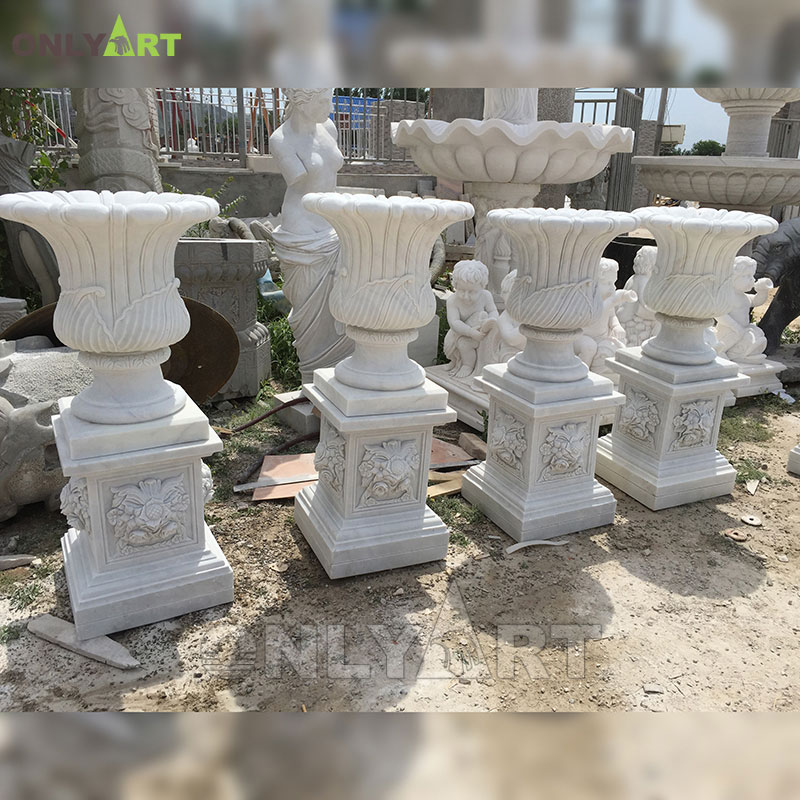Modern Outdoor White Marble Flower Pot With Pedestal China Supplier OLA-V007