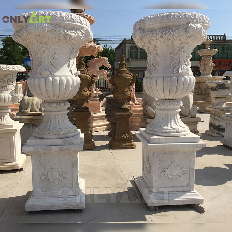 Modern outdoor garden decor European style hand-carved white marble flower pot for sale OLA-V016