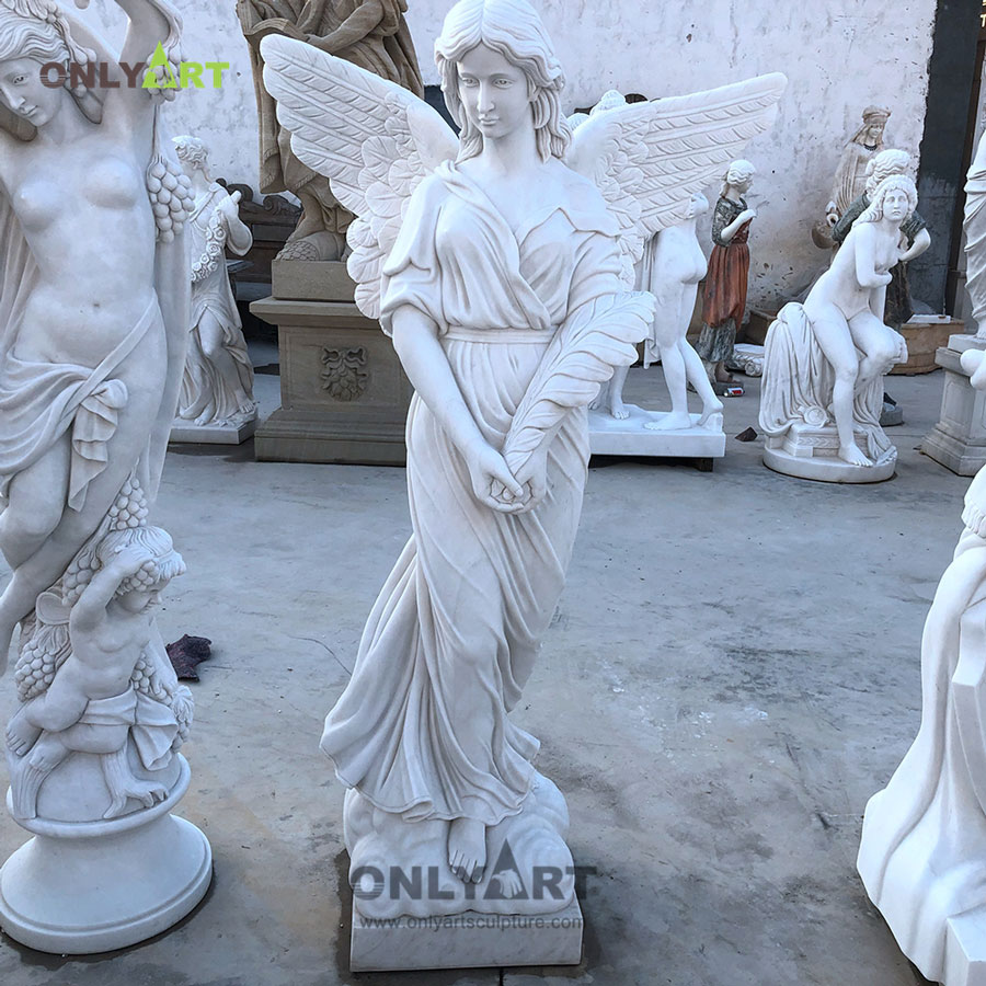 Outdoor Life size Natural White Marble Sculpture Garden Decoration Wings Angel Statue