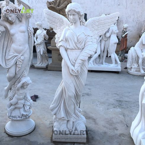 Outdoor Life size Natural White Marble Sculpture Garden Decoration Wings Angel Statue