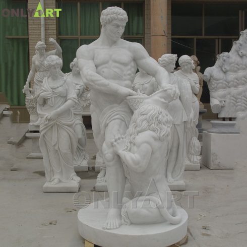 Outdoor famous design life size classical Greek marble hercules and nemean lion sculpture