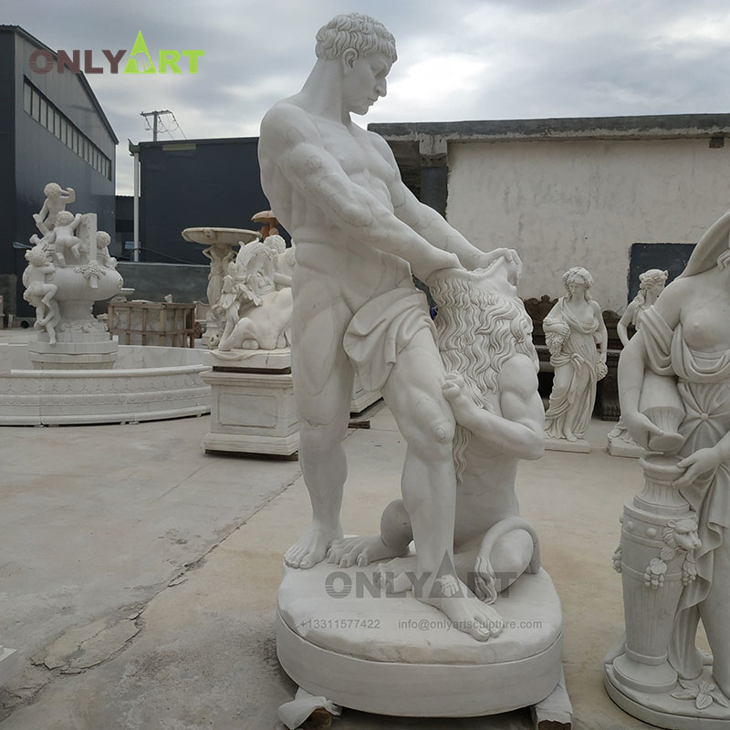 Outdoor famous design life size classical Greek marble hercules and nemean lion sculpture