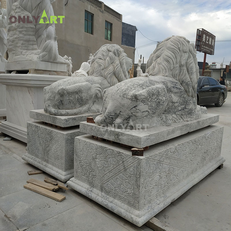 Outdoor garden decoration hand carved natural big lines white marble lying lion statue