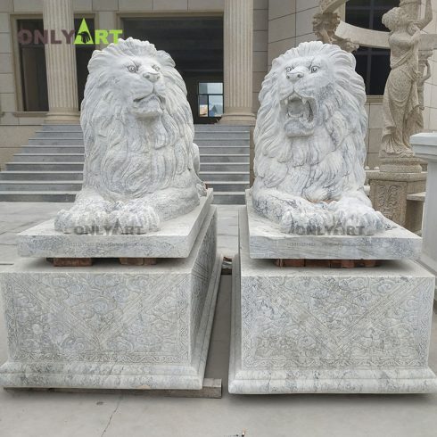 Outdoor garden decoration hand carved natural big lines white marble lying lion statue