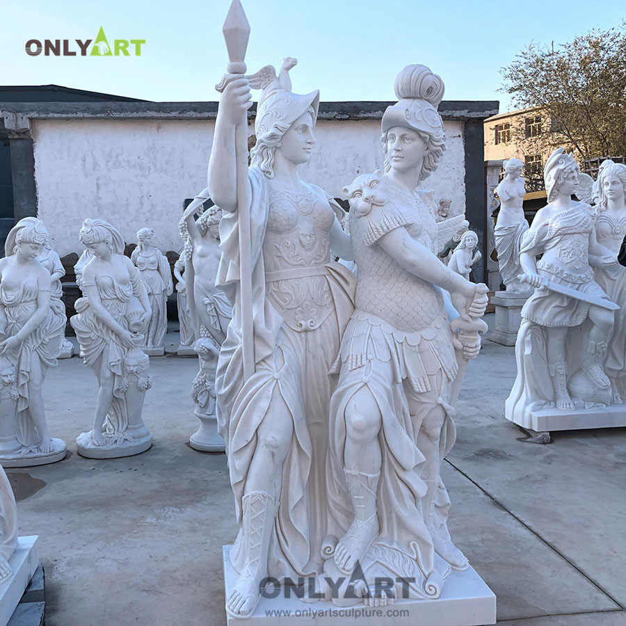 Outdoor garden decorative life size antique pair white marble female roman soldier sculpture