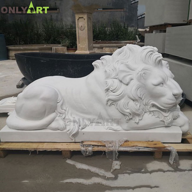White marble outdoor animal sculpture lying lion for garden decoration
