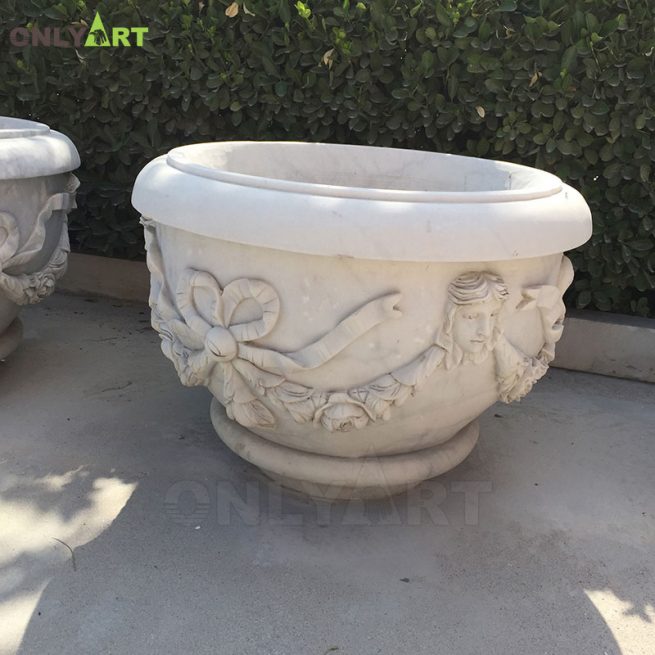 Yard decor natural white marble garden flower vases with figure and flower patterns OLA-V013