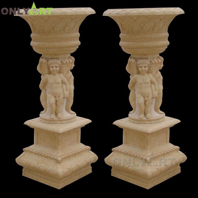 Yellow marble potted plant with boy sculpture OLA-V133