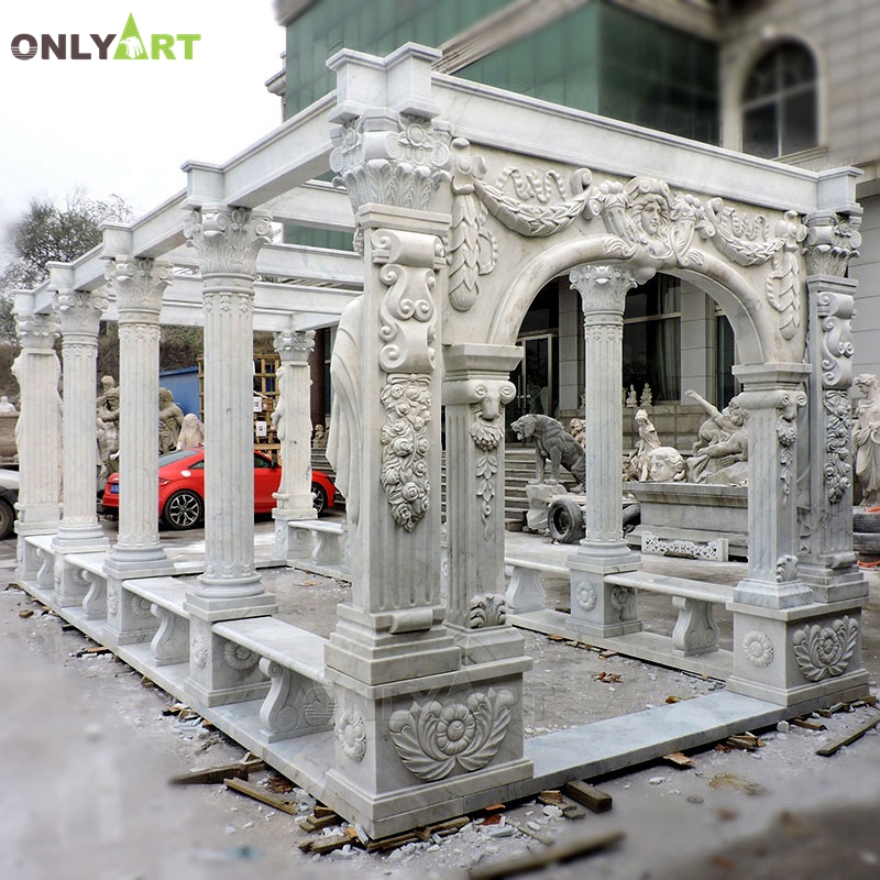 All weather outdoor artificial white marble square gazebo holiday villa garden pavilion on sale OLA-G096