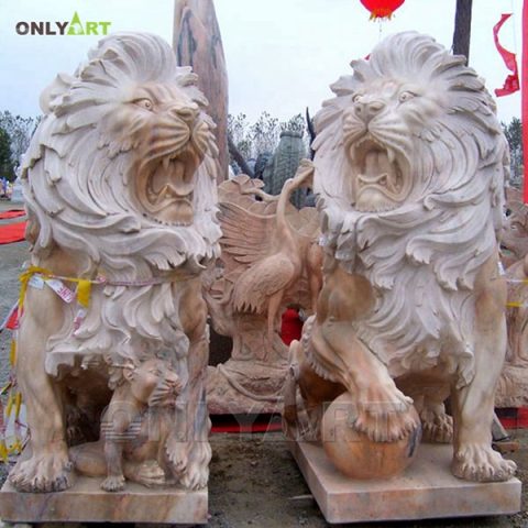 Cheap price home decor marble lion sculpture with ball OLA-A045