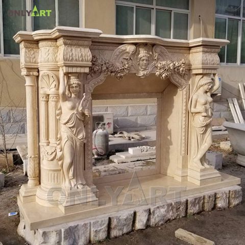 Factory hand carved beautiful fireplace mantels with women statues OLA-M019