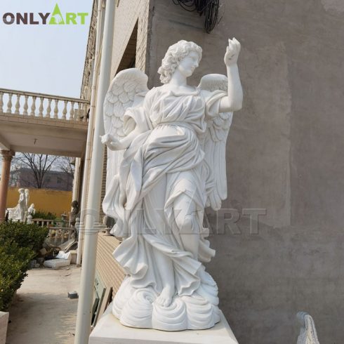 Hand carved life size natural white marble angel statue with wings for garden decor