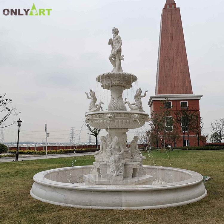 Hand carved white marble large tiered water fountain with figures OLA-F205
