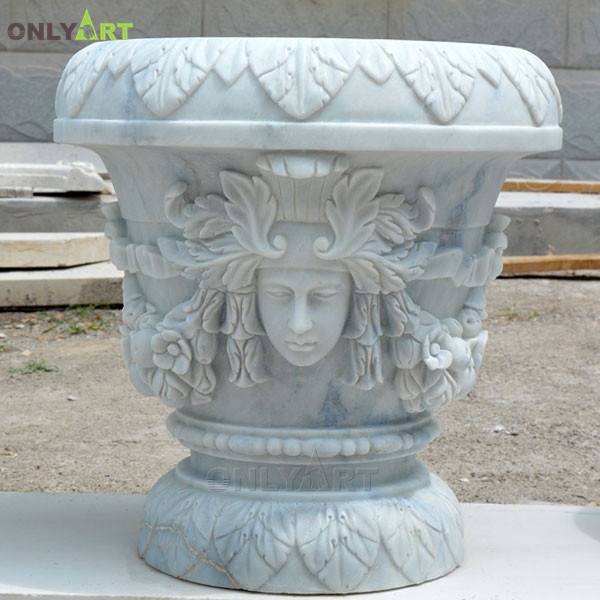 Home decoration small round white marble flower pot with figures head relief OLA-V172
