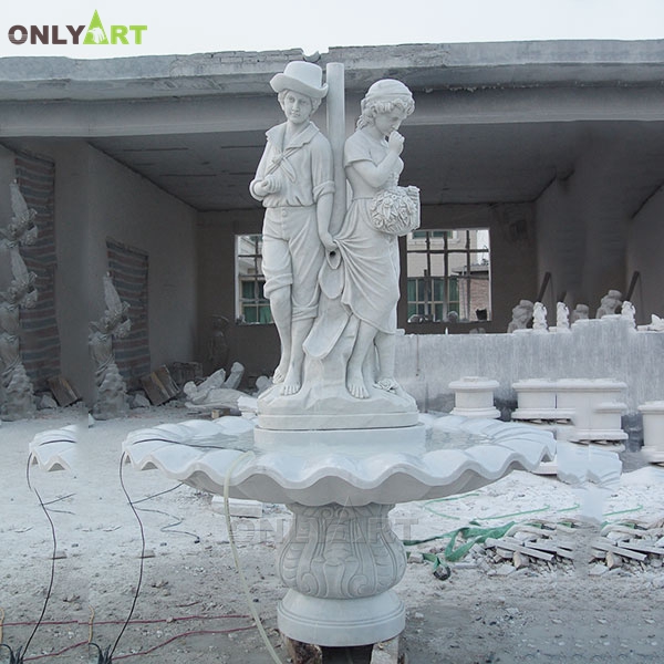 Hot sale garden decoration natural white marble couple water fountain with umbrella OLA-F251