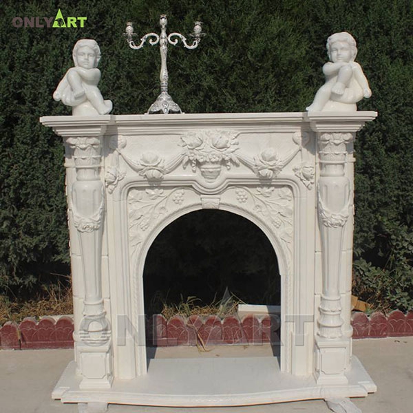 Hot sale natural marble white fireplace mantel with stone boys statue OLA-M026