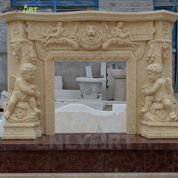 Indoor farmhouse mantel with fireplace angels statue OLA-M050