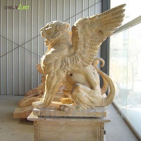 Marble outdoor lion sculpture with wings OLA-A048