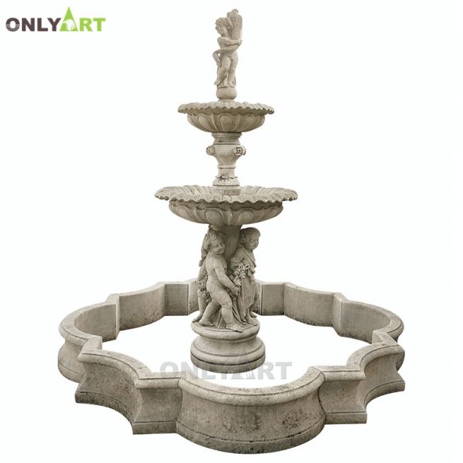 Modern tiered marble water fountain with boy statue OLA-F213