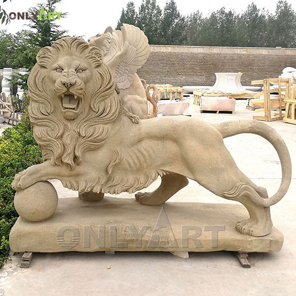 Natural marble standing lion statue price with ball OLA-A025