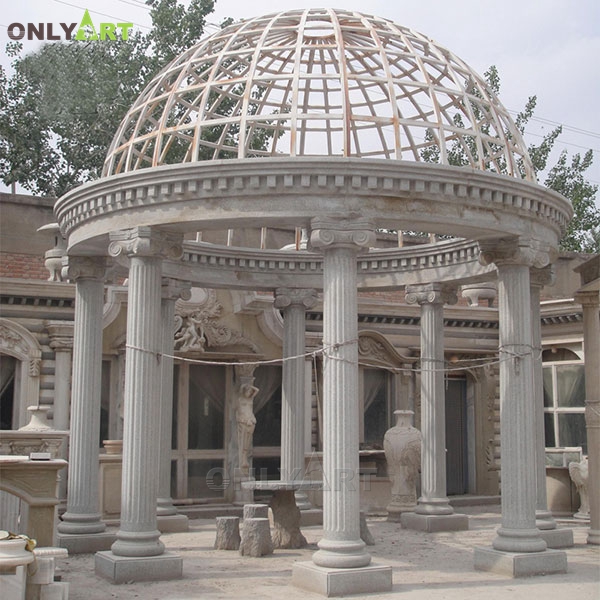 Outdoor decoration stone carved round marble pillar gazebo with metal roof OLA-G097