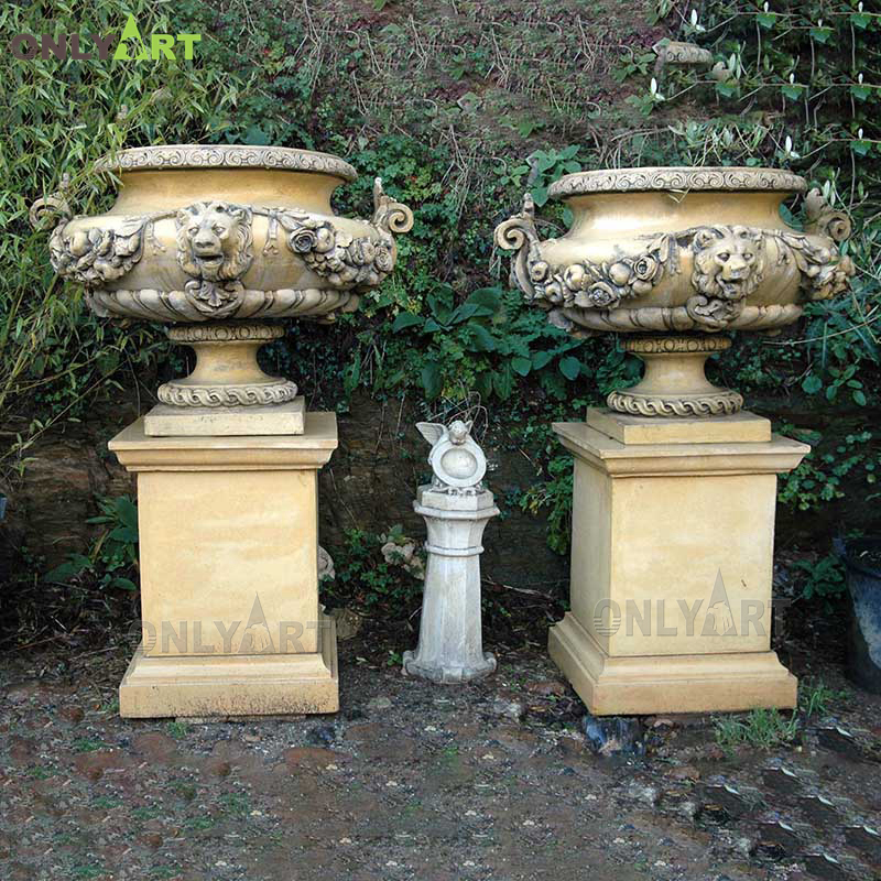 Outdoor large size marble flowerpots with lion heads OLA-V174