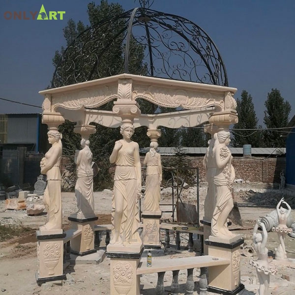 Outdoor natural stone carved marble garden gazebo pavilion with lady statues OLA-G061