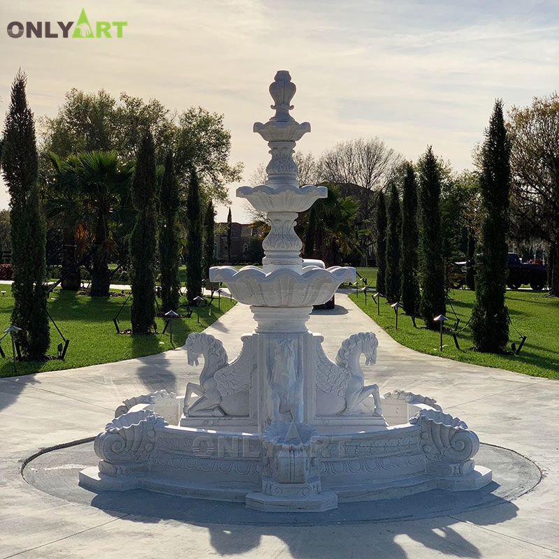 Outdoor round design fountain marble horse statue with wings OLA-F208