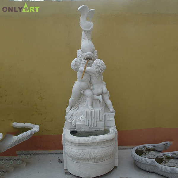 Wholesale stone antique white marble wall art waterfall fountain with boys and fish statue OLA-F246