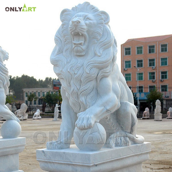 Wholesale white marble lion with ball statue OLA-A004