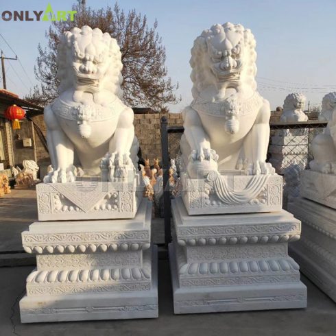 Decoration china antique chinese style natural white marble foo dogs lions statues