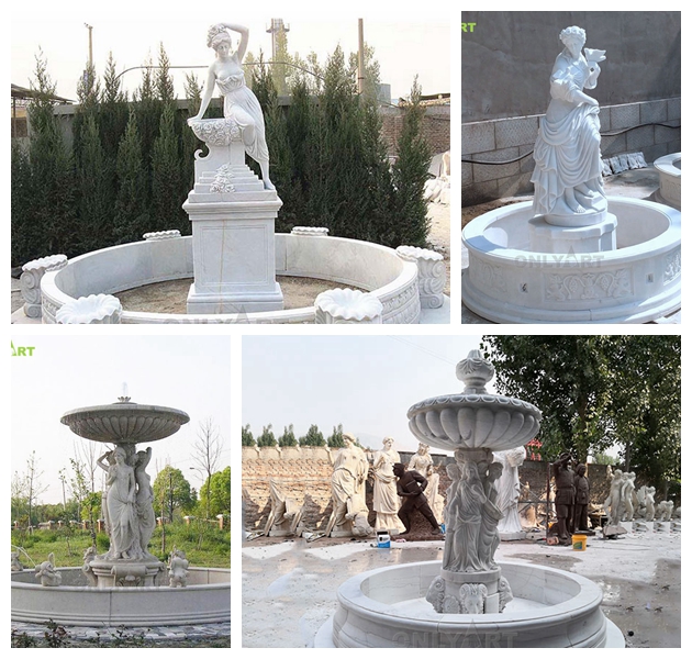 outdoor water fountain with women statues