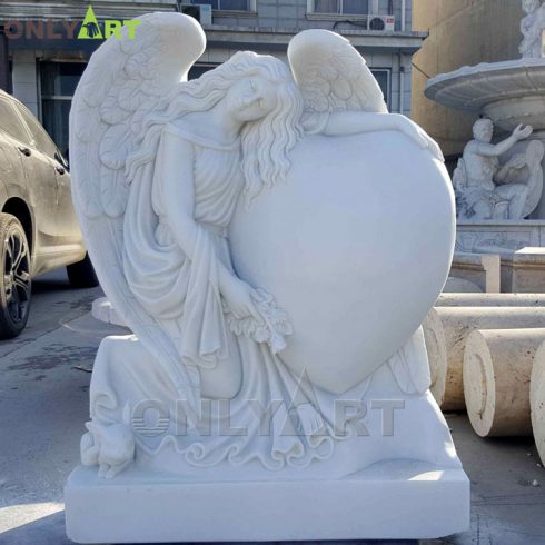Wholesale Stone Carving White Marble Wings Tombstone Angel With Heart